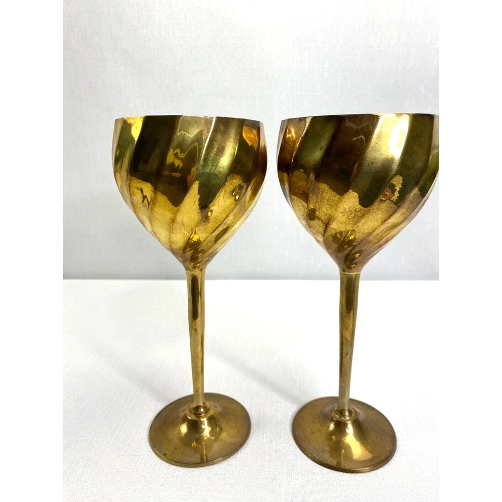 Vintage Brass Goblets Set of‎ 2 Hammered Swirl Design Tall Stem Wine Chalices